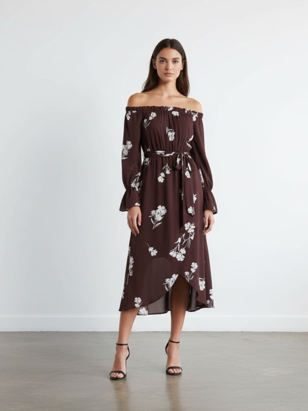 Off-Shoulder Brown Floral Midi Dress with Tie Waist - Picture 3 of 5